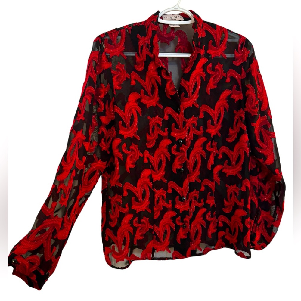 Women’s Vintage Notations Black & Red Sheer Long Sleeve Top. Size Petite Large.